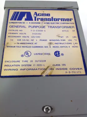 Acme Electric 047503085066 T253008s Low Voltage Distribution Transformer Single Phase 240 X 480 Primary Vol