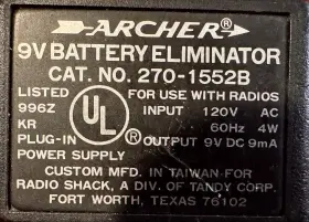 Archer 270-1552b Retro Genuine 9v Battery Eliminator Ip 120v 60 Hz 4w Op 9ma Archer 270-1552b Retro Genuine 9v Battery Eliminator Ip 120v 60 Hz 4w Op 9ma