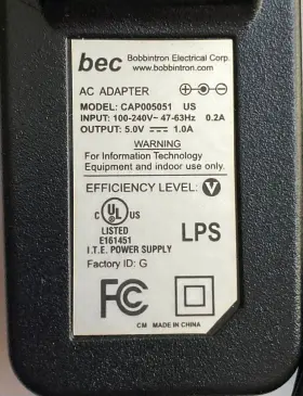CAP005051 BOBBINTRON ELECTRIC CORP Vac Vdc Adapter #3