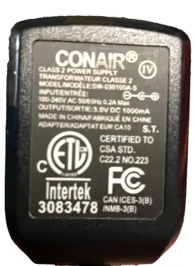 Conair Co30100a Class 2 Adapter Power Supply 3v/1000ma #