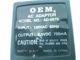Oem Ad-0670 Ac Adapter Power Supply 6.5vdc 700ma