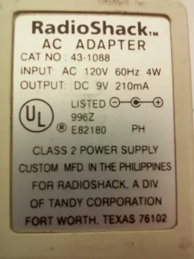 Radioshack 43-1088 Component Power Supply Ac Adapter 9vdc 210ma