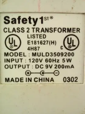 Safety 1st Muld3509200 Transformer Power Supply Adapter Charger 9vdc 200ma