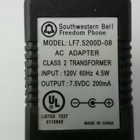 Southwestern Bell Freedom Phone Lf7.5200d-08 Model Lf7.5200d-8 Ac Adapter Output 7.5vdc 200ma