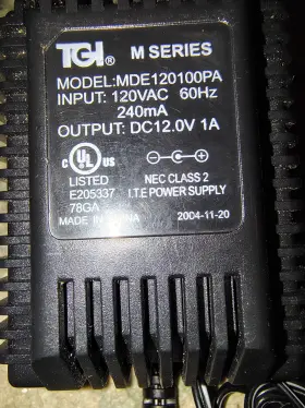Tgi Mde120100pa M Series Ac Adaptor Input 120v 60hz 240ma Output Dc 12.0v 1a