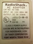 Radioshack 43-1088 Component Power Supply Ac Adapter 9vdc 210ma. Fixed Price $23.94.